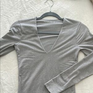 Silver V-Neck Long Sleeve Bodysuit